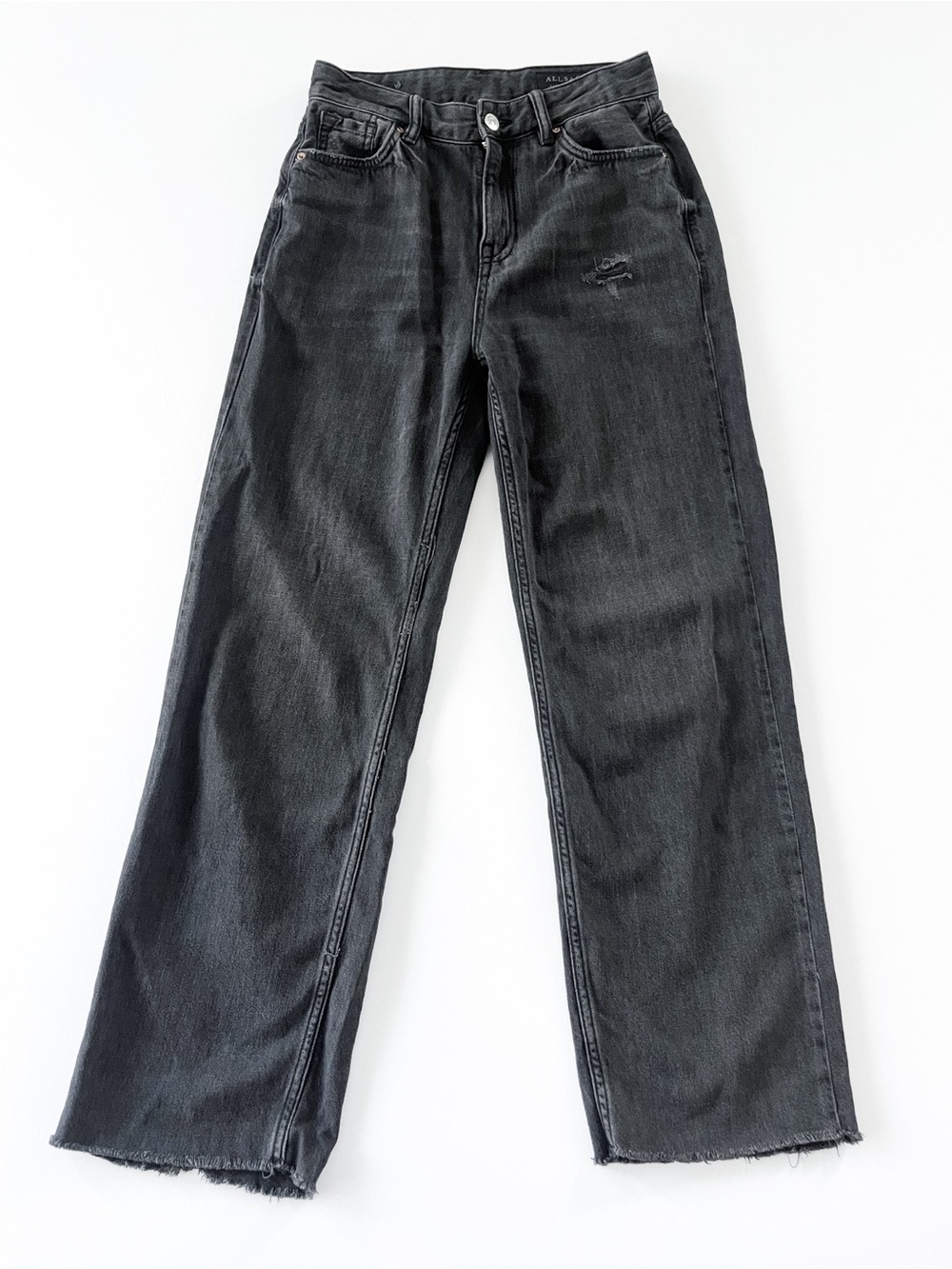 AllSaints Ash Boyfriend Jeans Washed Black Distressed Raw Hem 25